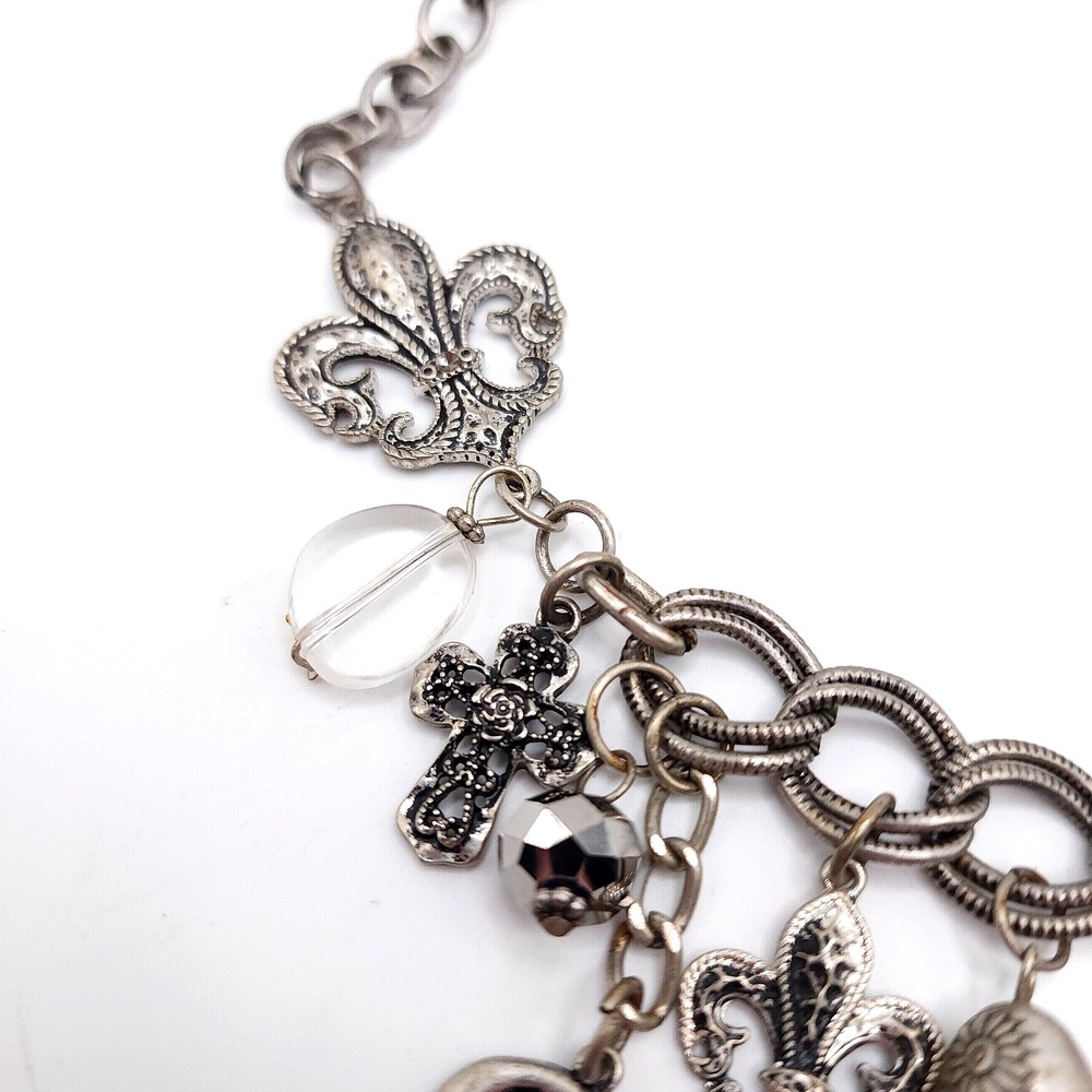 Silver Charm Necklace Cross Rhinestone Fleur De Lis Gothic - Picture 8 of 8